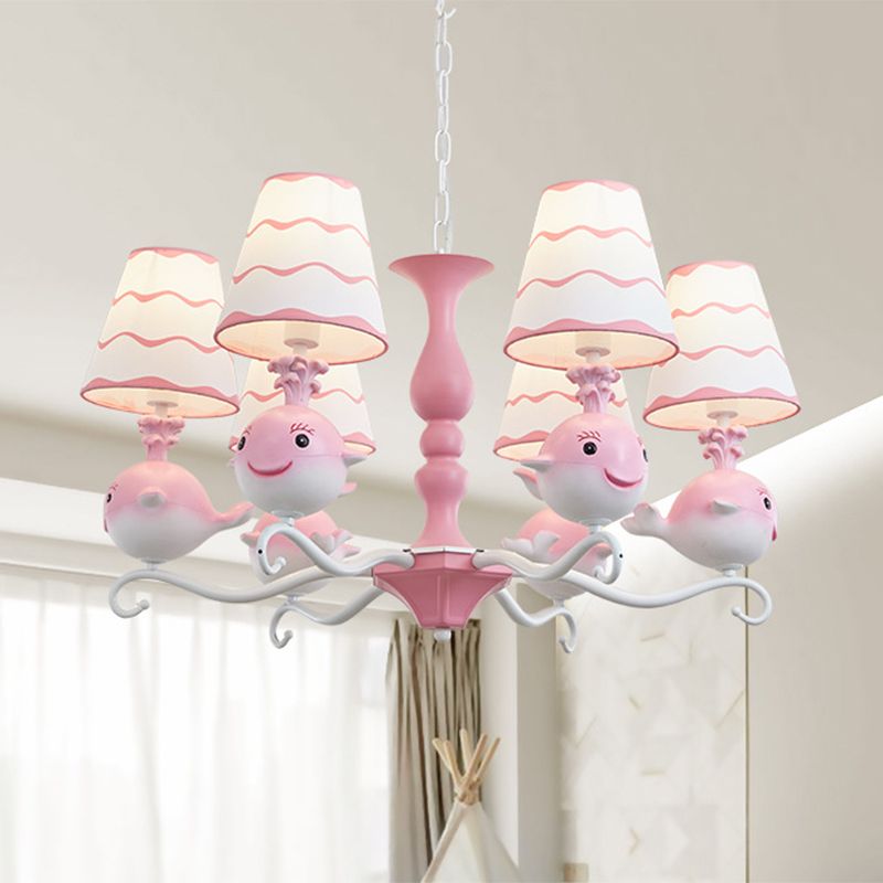 Blau/rosa Walwalform geformt Kronleuchter leichter Cartoon 6 Köpfe Harz Radialanhängerlampe mit Kegelstoffschatten