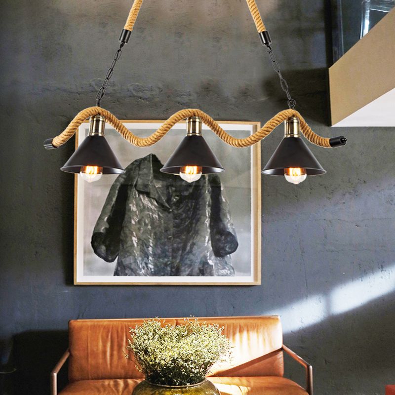 Black Conical Hanging Light Industrial Metal Bistro Island Lighting with Hemp Rope