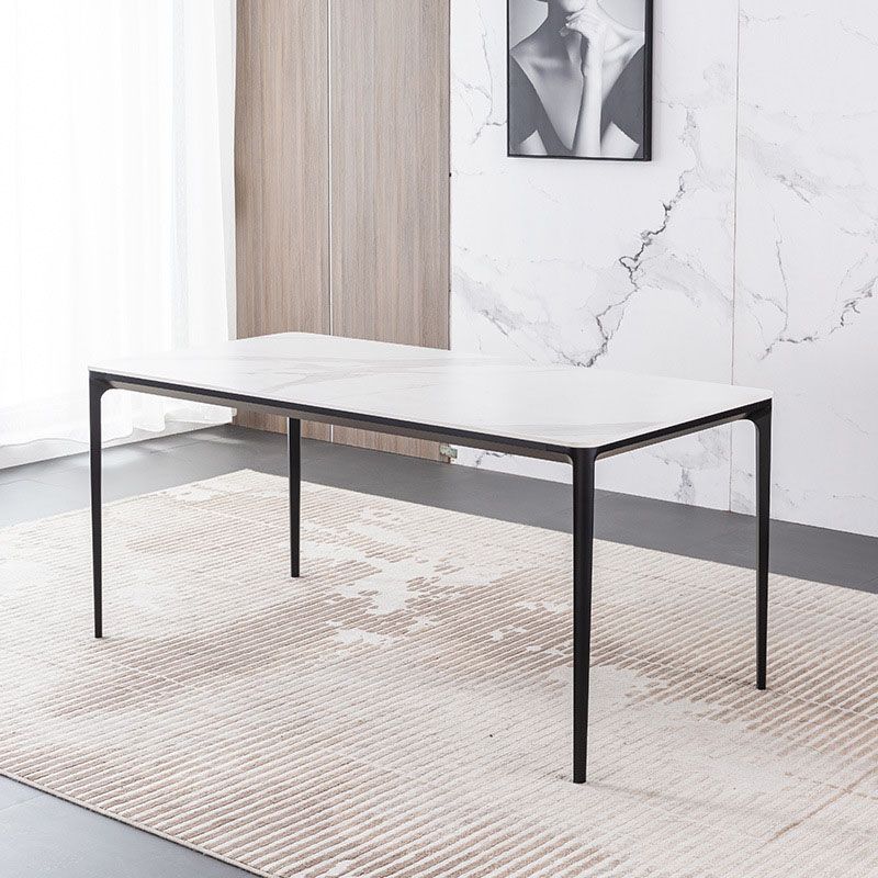 Modern Rectangle Dining Table Sintered Stone Top Table with 4 Black Metal Legs