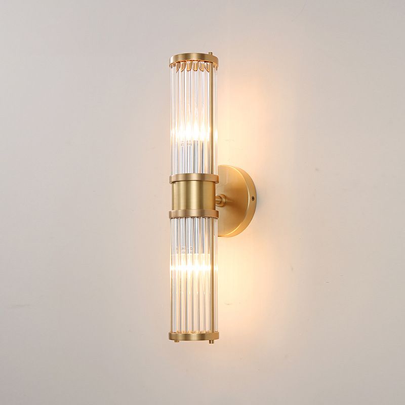 Gold Cylindrical Wall Sconce in Modern Luxury Style Copper Indoor Wall Light with Crystal Shade