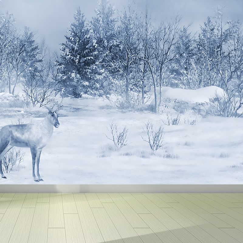 White Winter Reindeer Mural Wallpaper Forest Modern Washable Wall Covering for Kitchen