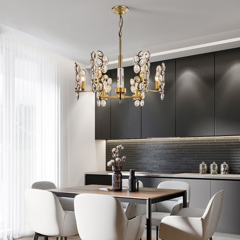 Messing Candelabra Suspension Anhänger postmoderne 6 Köpfe Kristallverkrustener Deckenleuchter