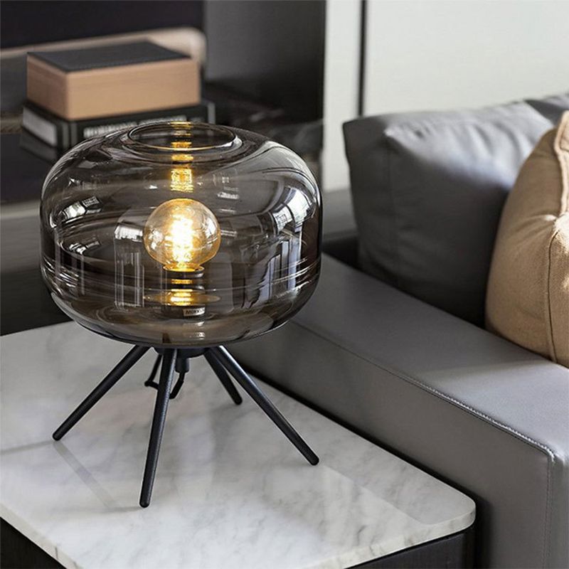Black Drum Single Table Lamp in Modern Concise Style Wrought Iron Table Light with Glass Shade