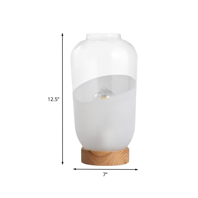 Lámpara de mesa de noche sencilla con forma de tarro, cristal transparente y blanco, 1 cabezal, con base de madera