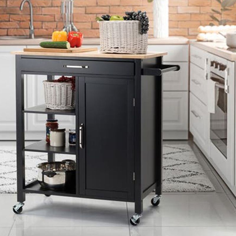 Matte Finish Wooden Kitchen Cart with Open Storage and Wheels
