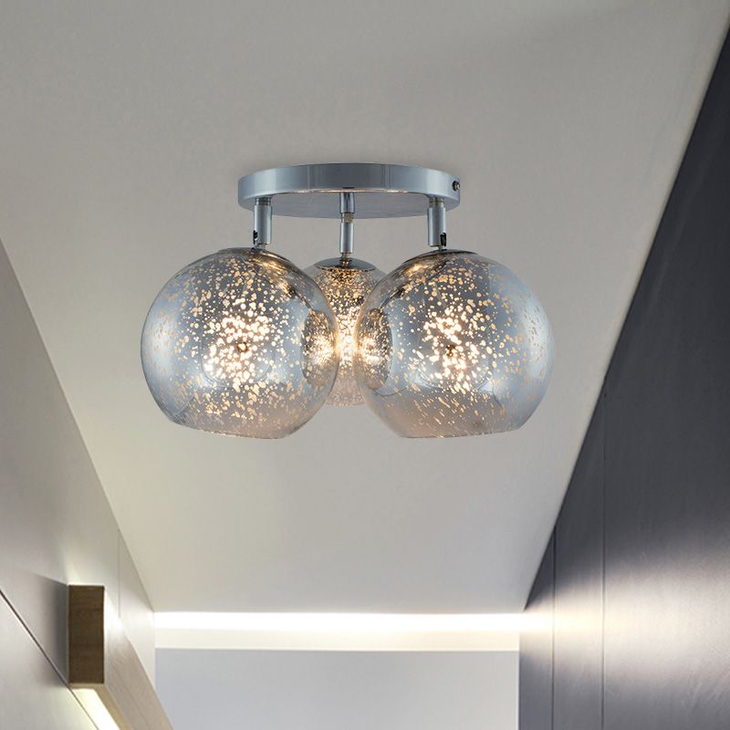 Chrom sphärische Halbflush -Beleuchtung moderne 3 Lampen weiße Frost-/Silberpunkt -Glasspülenlampe