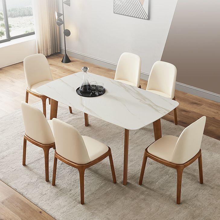Mesa moderna de mediados de siglo de madera maciza, mesa rectangular de piedra sinterizada blanca