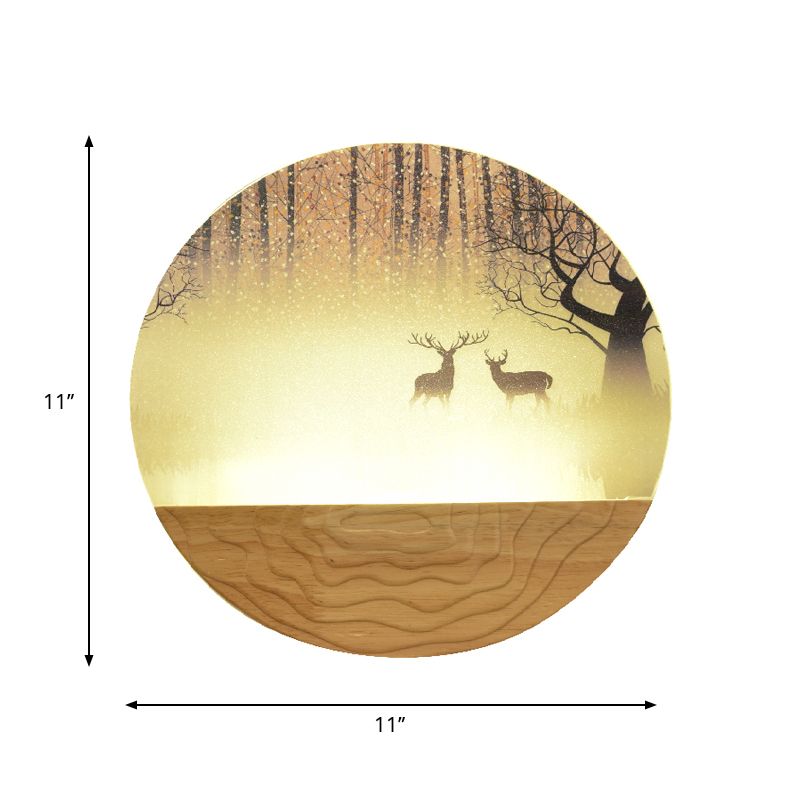 Acrylic Circular Shaped Wall Mounted Light Minimalist Style LED Wall Mural Lamp in Wood with Tree/Elk Pattern