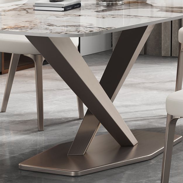 Mesa de comedor de piedra sinterizada de estilo contemporáneo con mesa fija blanca y base de caballete para uso en el hogar