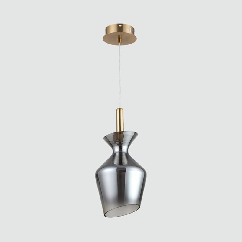 Minimalist LED Ceiling Light Brass Cup-Shape Suspension Pendant with Smoke Gray Glass Shade