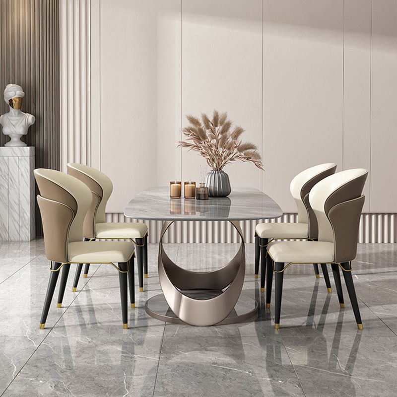 Glossy Gray Dinette Table with Metal Base Traditional Luxury Dining Table for Home