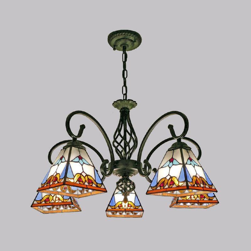 Antique Style Pyramid Ceiling Lighting Stained Art Glass Chandelier Light Fixture for Restaurant