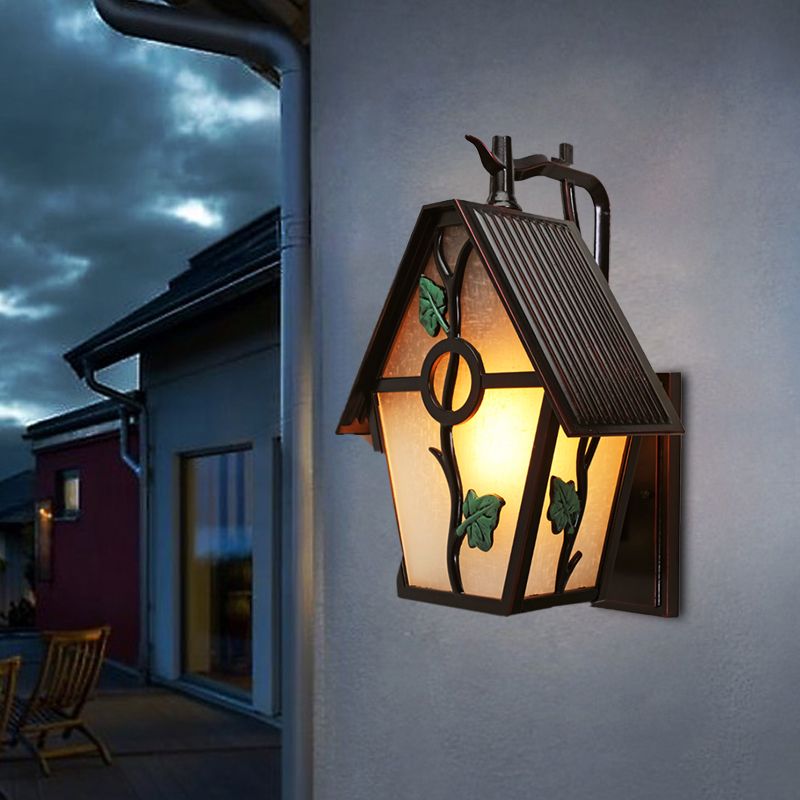House White Glass Wall Sconce Rural 1-Light Outdoor Wall Light in Coffee with Leaf Design