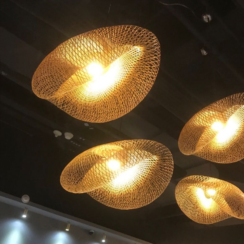 Asian Weaving Style Hat Shape Suspension Pendant Light Rattan 1 Light Hanging Ceiling Lights
