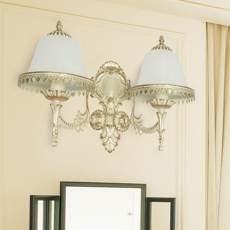 Opal Frosted Glass Cloche Wall Sconce Traditional 2-Head Dining Room Wall Mount Lamp with Trim in White