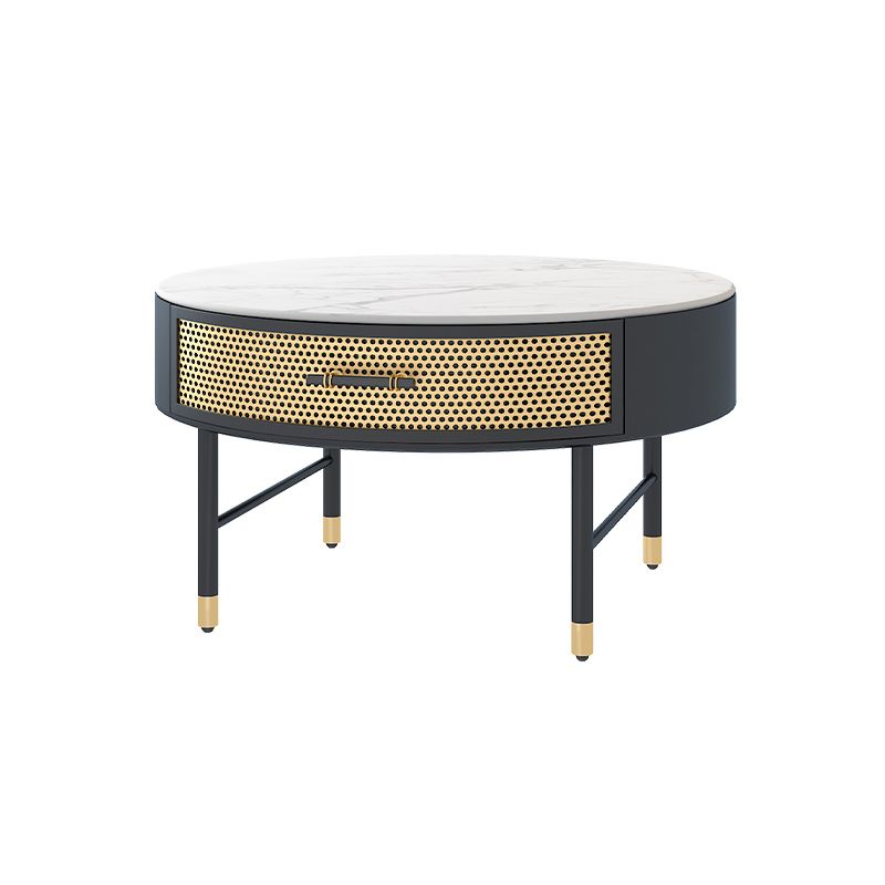 Glam 17.7" H Round Slate Coffee Table Iron 4 Legs Cocktail Table with Drawer