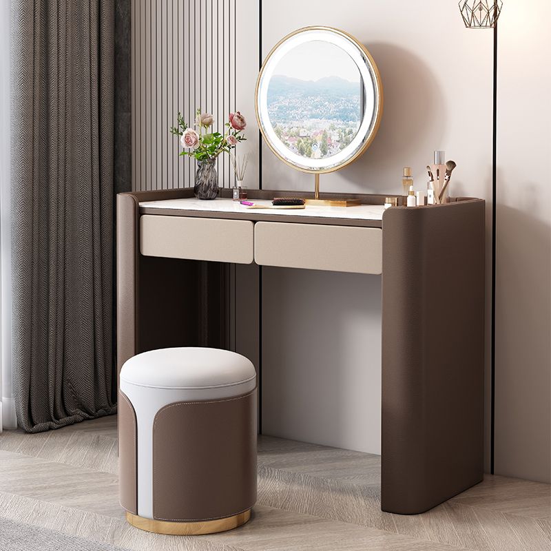 29.53" H Wood/Stone Vanity Table Stool Set 2/5 Drawers Dresser in Brown