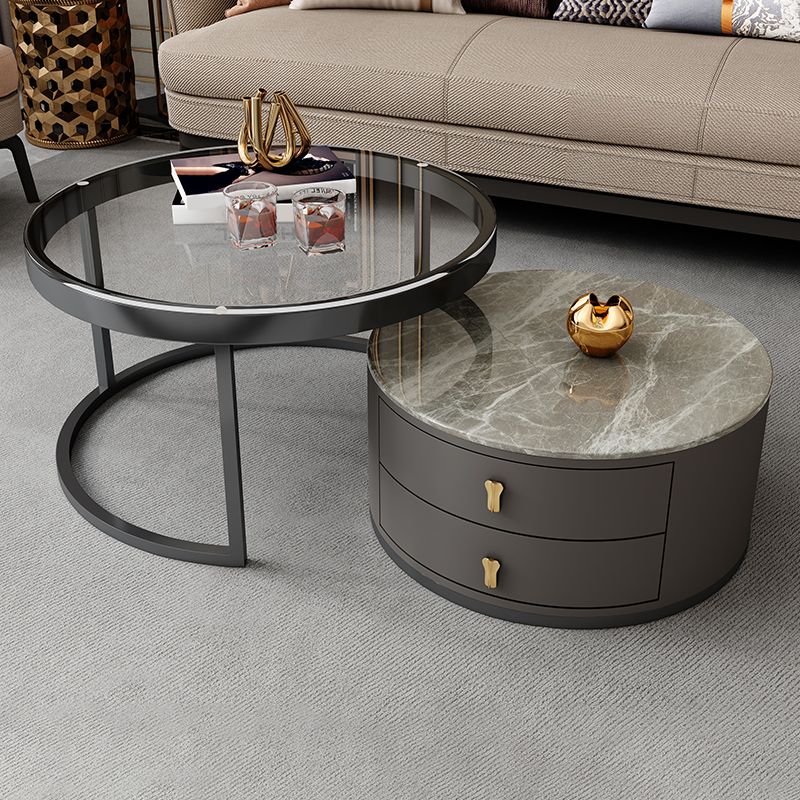 No Distressing Stone Coffee Table Frame Round Nesting Coffee Table Set with 2 Drawers