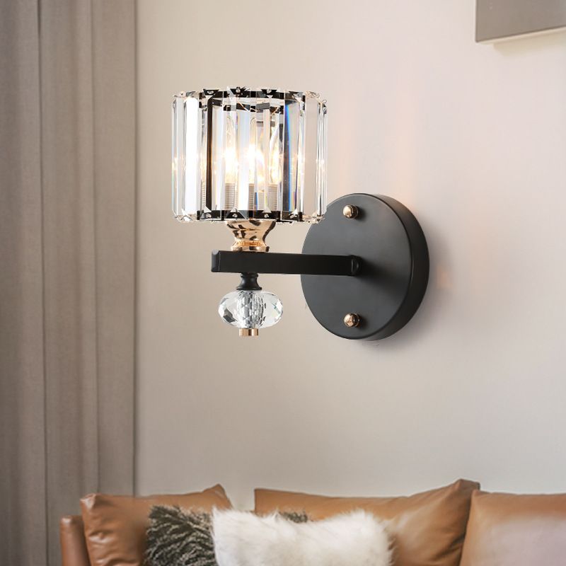 Crystal Drum Wall Light Modern 1 Light Flush Mount Wall Sconce in Black for Living Room
