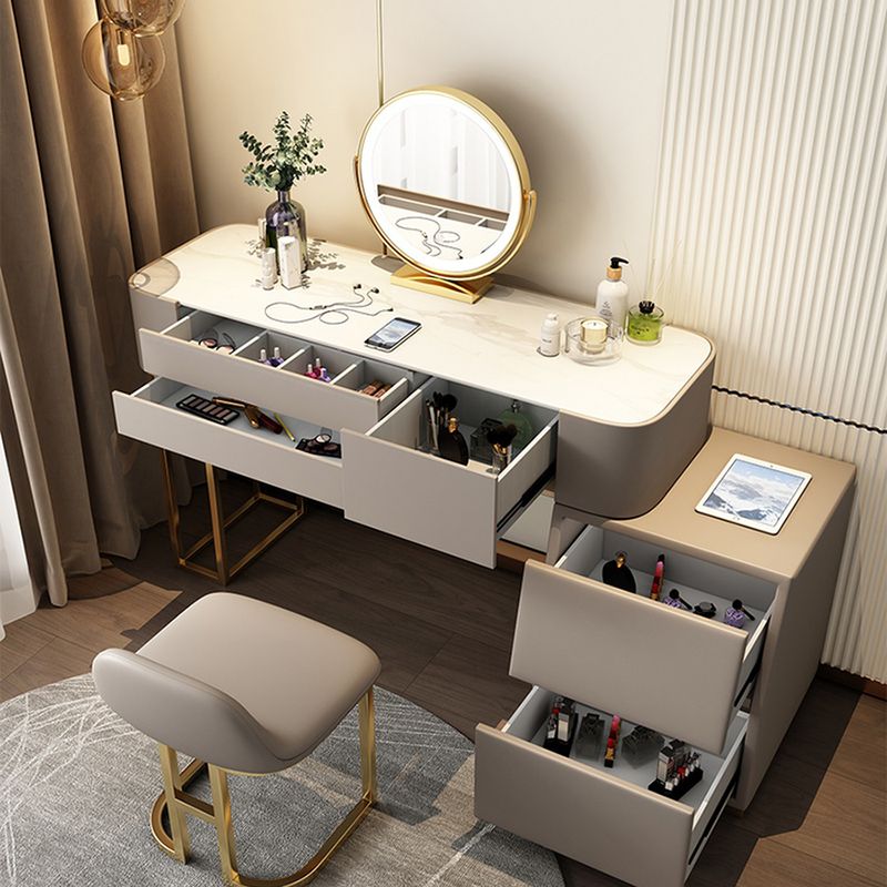 Stone Top Make-up Vanity Brown Solid Wood Vanity Dressing Table Set with 5 Drawers