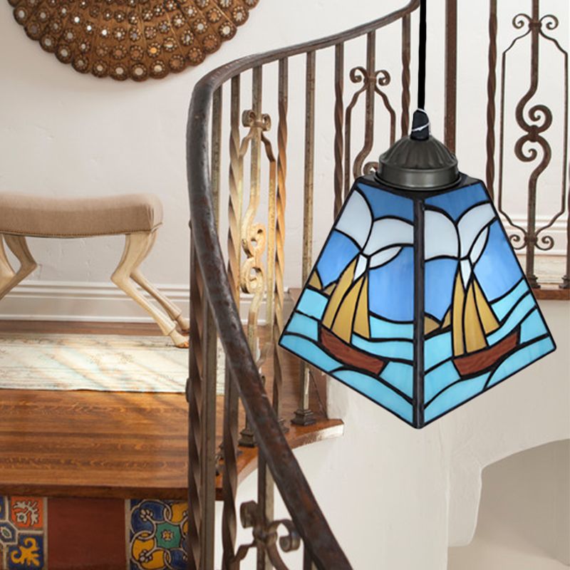 1-Light Dining Room Pendant Lighting Tiffany Blue Hanging Ceiling Light with Geometric/Boat Stained Glass Shade