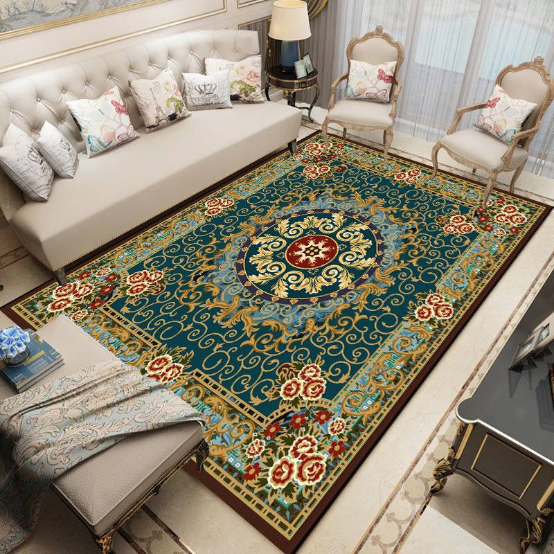 Mid-Century Washable Carpet Medallion Print Rug Polyester Anti-Slip Backing Carpet for Home Decor
