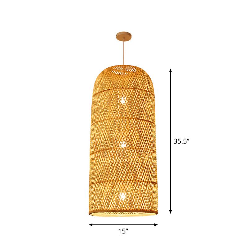 Bell/Bowl/Bottle Hallway Drop Pendant Criss-Cross Woven Bamboo Single-Bulb Asian Hanging Lamp in Beige