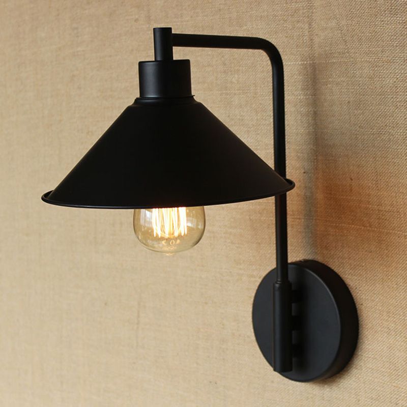 Conical Bedside Reading Light Retro Metal 1-Light Black Wall Mounted Lamp with Rolled Edge