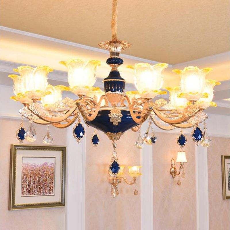 Carved Glass Floral Suspension Light Retro Style Living Room Chandelier Light with Crystal Accent