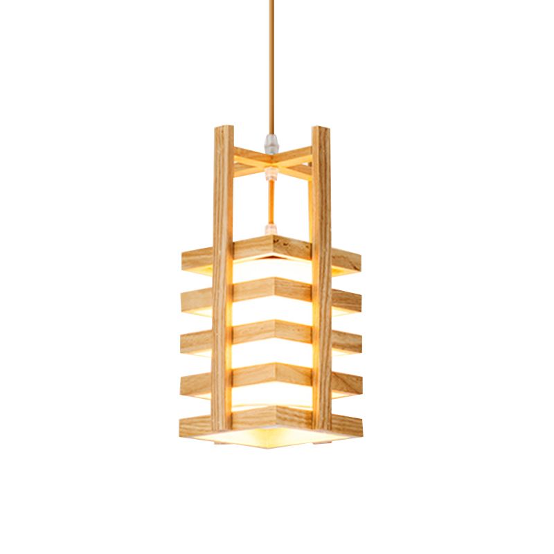 Cuboid Wooden Pendant Light Fixture Asian 1 Bulb Beige Hanging Lamp Kit with Cross Handle