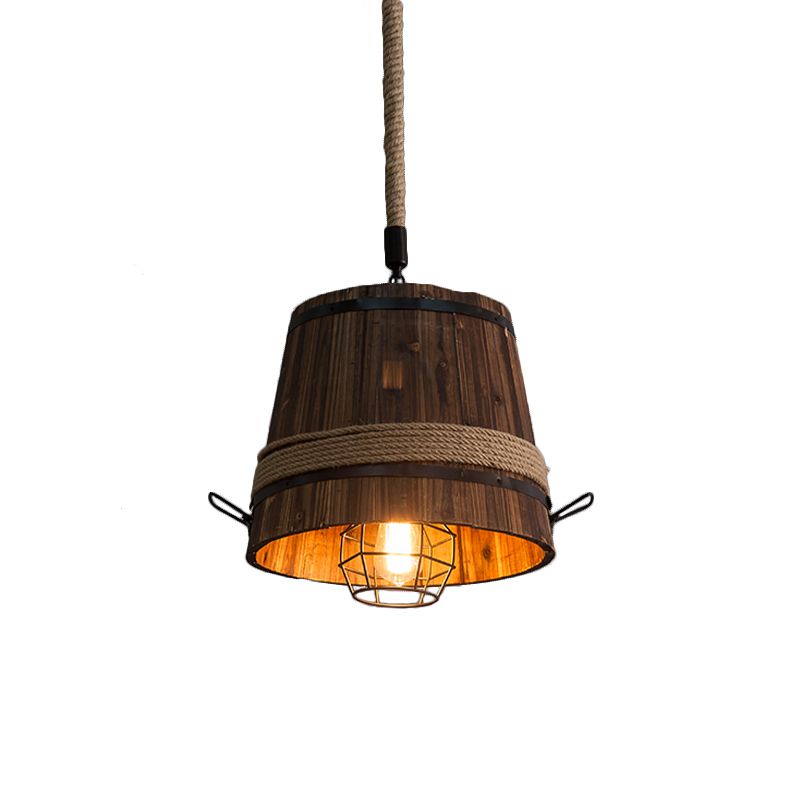 Wooden Bucket Shade Pendant Lighting One Light Rustic Stylish Hanging Lamp in Brown for Bar