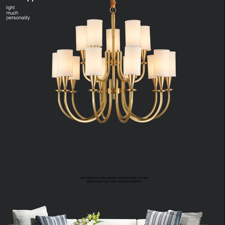 American Rustic Style Copper Chandelier Multi-lights Cylindrical Fabric Shade Hanging Light in Gold