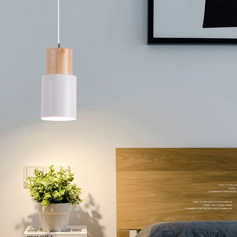 Modern Concise Single Pendant Light Wooden Cylindroid Macaron Hanging Lamp with Wrought Iron Shade