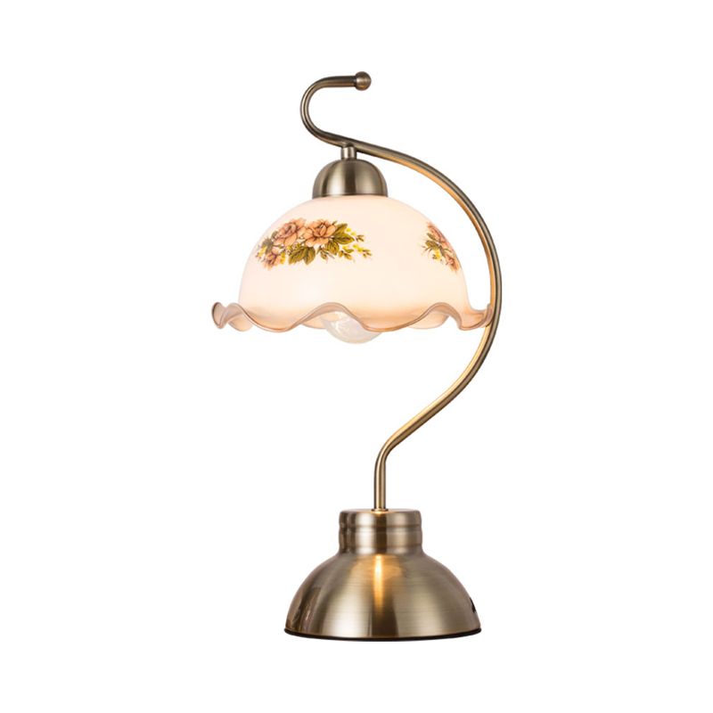 Single Bulb Night Stand Light Pastoral Ruffle Edged Hemisphere White Glass Table Lamp with Brass Bow Arm