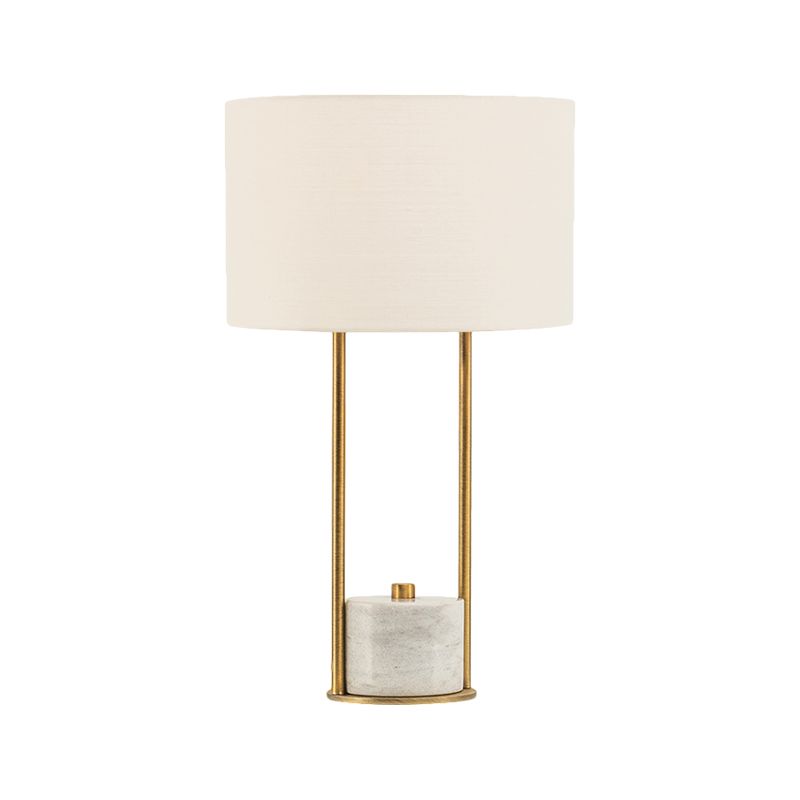 Cylinder Nightstand Lighting Modern Fabric 1 Head Bedroom Night Lamp in White/Beige with Marble Base