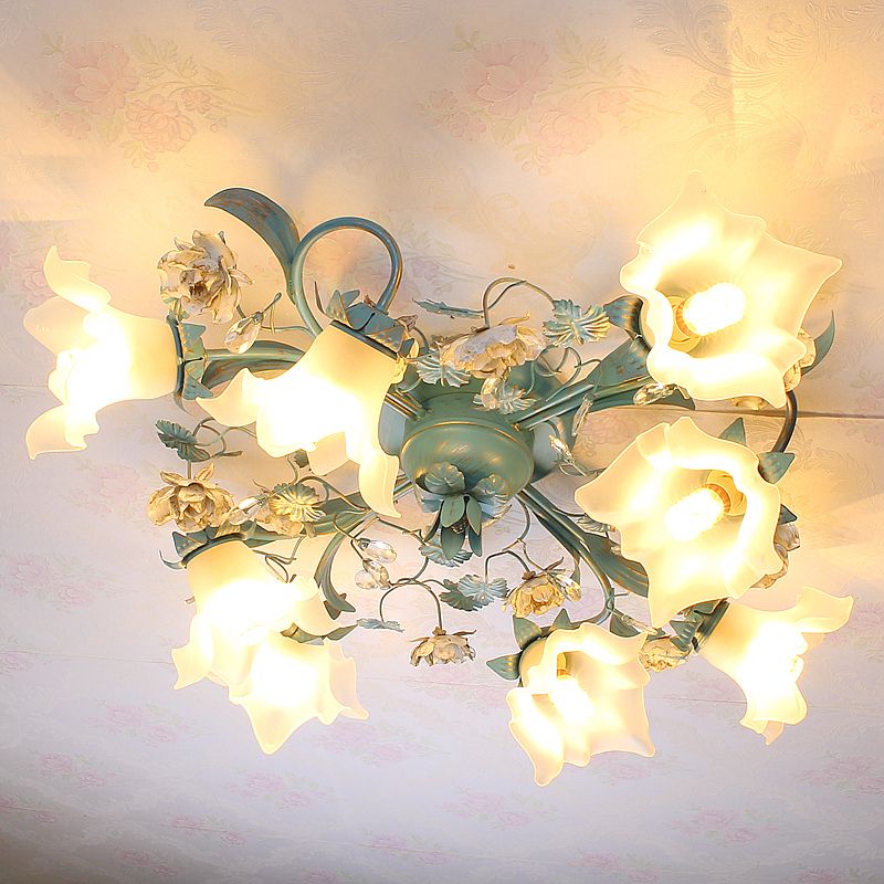 Blue 6/8 Bulbs Semi Flush Ceiling Light Pastoral Style Flower Frost White Glass Ceiling Lamp for Bedroom