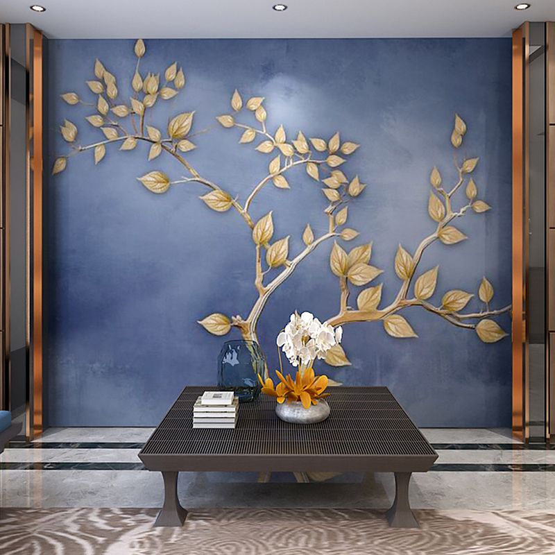 Giant Leaf and Cloud Mural Contemporary Novelty 3D Effect Wall Decor in Blue and Gold