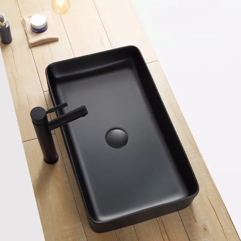 Modern Bathroom Sink Porcelain Rectangular with Pop-Up Drain and Faucet Wash Stand