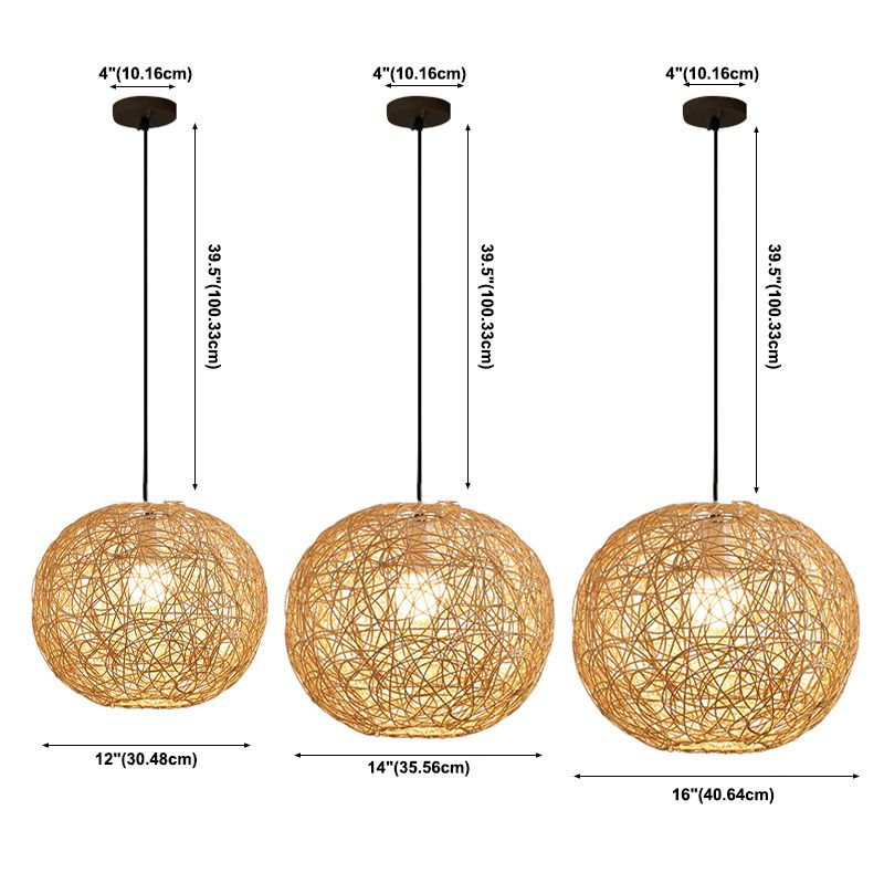 1 Leichte moderne kugelförmige Bambus -Anhänger Leichte ländliche hängende Lampe für das Wohnzimmer