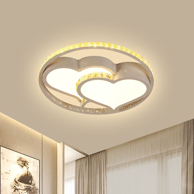 LED Parlor Ceiling Light Minimalist White Flush Mount Lighting with Loving Heart/Flower Crystal Block Shade