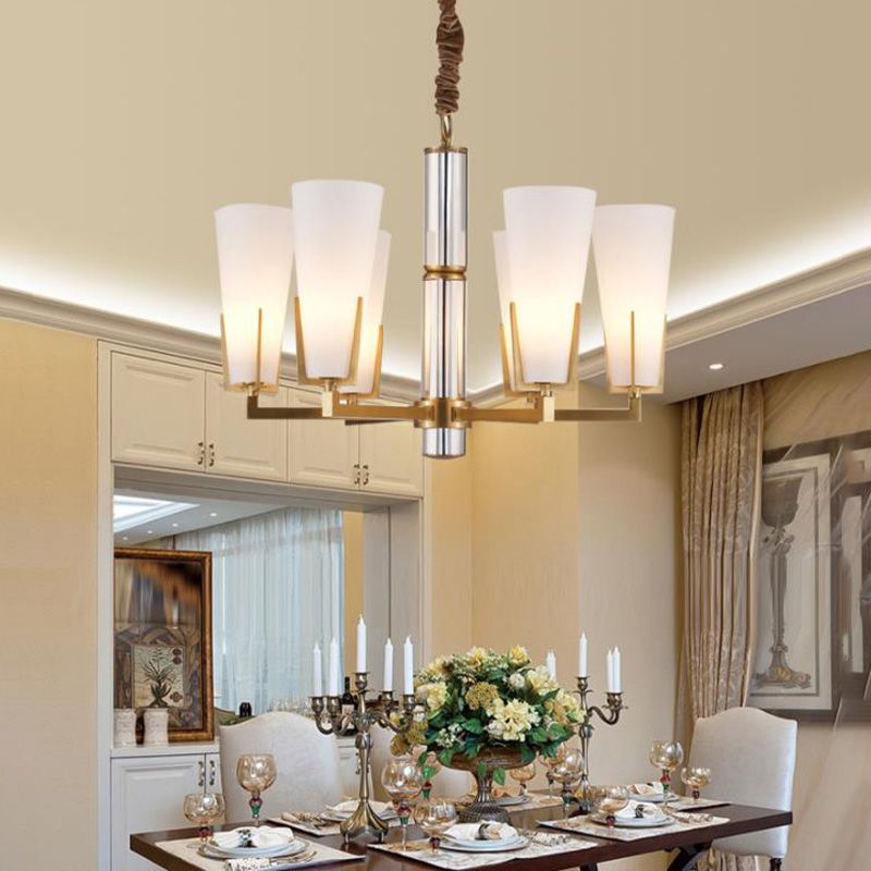Colonial Conical Chandelier Lighting Fixture 6/8 Heads Frosted White Opal Glass Pendant Ceiling Light for Living Room