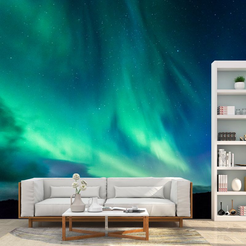 Non-Woven Huge Aqua Mural Modern Aurora on Night Starry Sky Wall Art, Custom Print