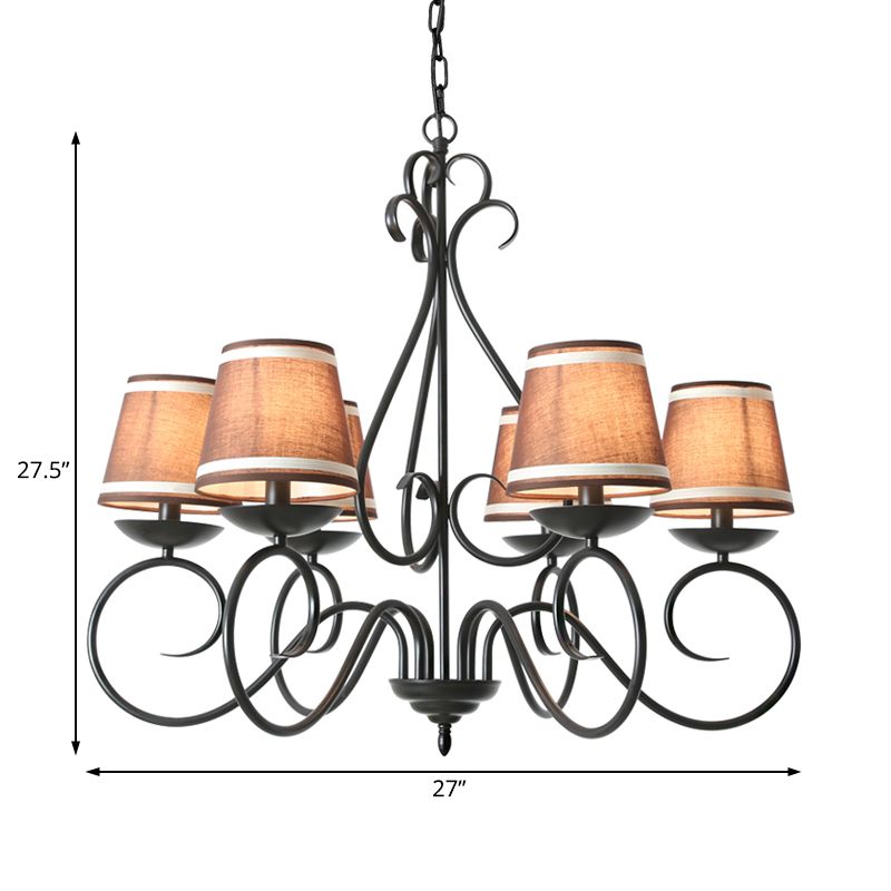6 Lights Fabric Chandelier Light Traditional Coffee/Flaxen/White Conical Dining Room Hanging Light Fixture