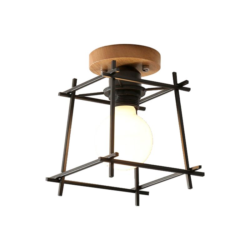 Black Finish Frame Flush Lighting Modern 1 Bulb Iron Flush Mount Ceiling Lamp with Circle Metal/Wood Canopy