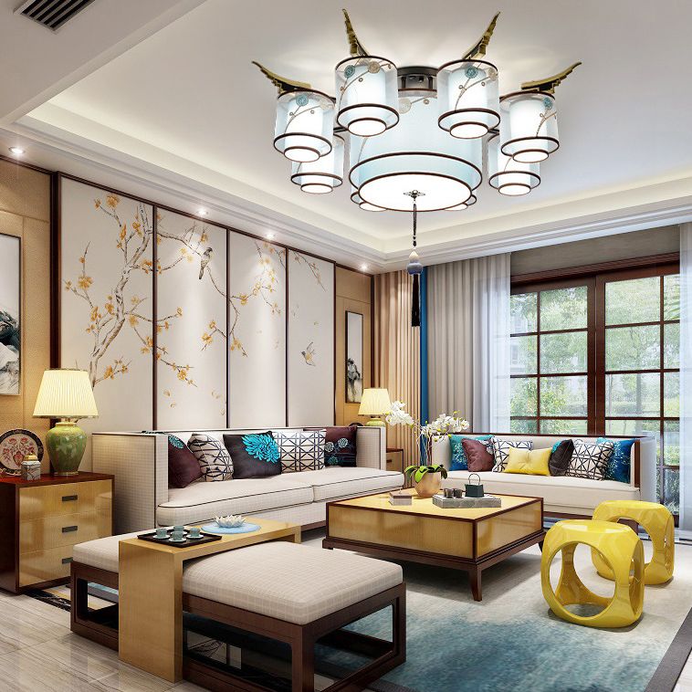 Tissu d'éclairage à semi-montage cylindrique vintage près du plafond de plafond en bleu ciel avec nœud à glace