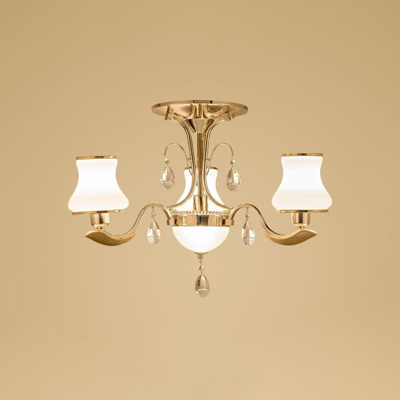 3/6 Bulbs Milk Glass Semi Mount Lighting Traditional Gold Pear Shaped Bedroom Close to Ceiling Light