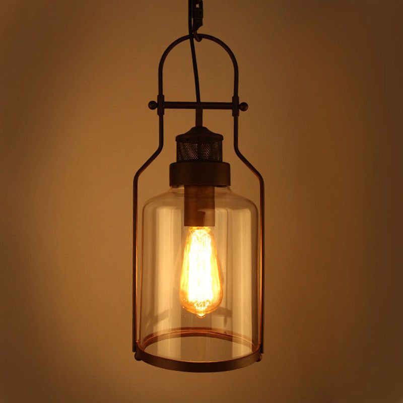 1-Bulb Clear Glass Hanging Pendell Warehouse Style Black Cylinder Restaurant Deckenleuchte mit Metallrahmen