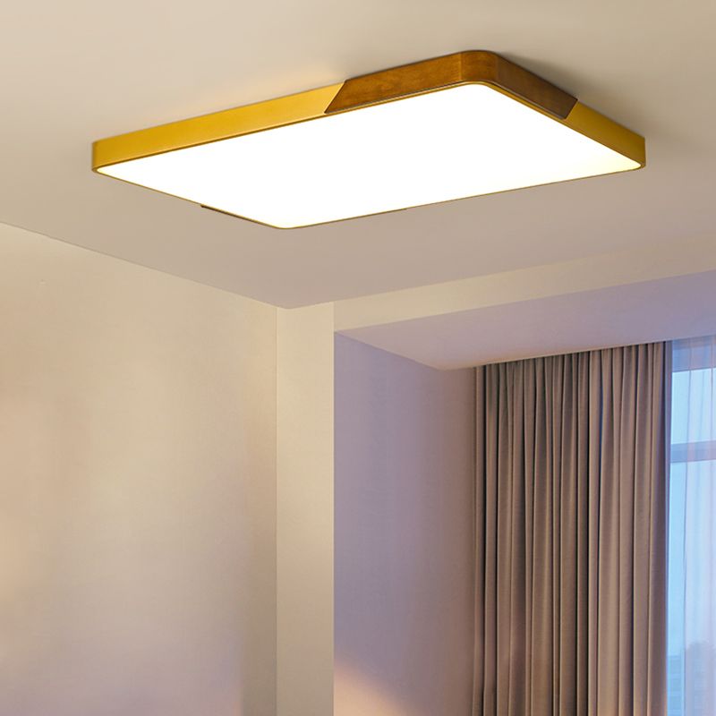 Gold Metal and Wood Flush Ceiling Mount Lamp with Square/Rectangular Acrylic Diffuser Modern LED Ceiling Flush Mount for Bedroom in Warm/White/Neutral, 16"/19.5"/25.5" W