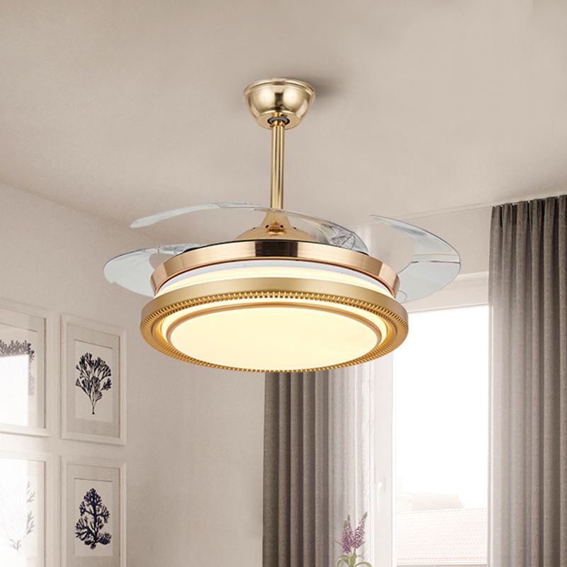 42 "Breedte Acryl Gold ventilatorlamp Ronde LED Minimalistisch semi -spoelbevestigingsplafondlicht met externe/wandregeling, 4 heldere messen