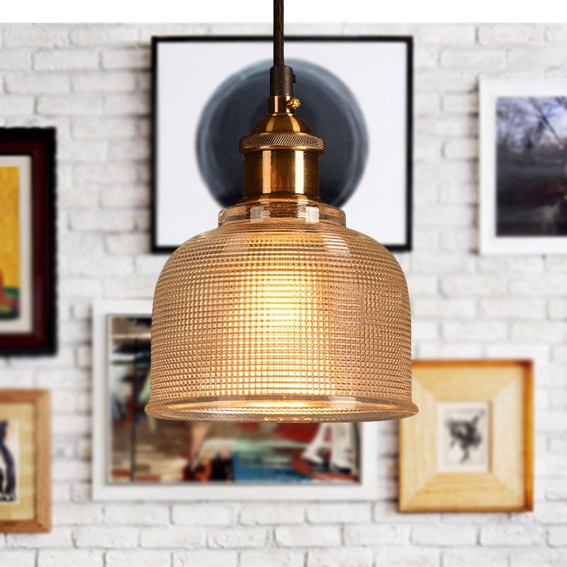 Single Light Dome Pendant Lighting Fixture Industrial Brass Prismatic Glass Hanging Ceiling Light in Red/Bronze/Blue